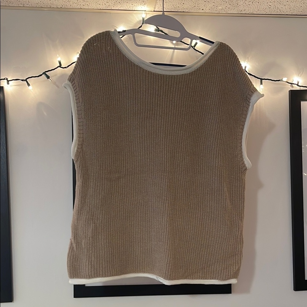 Tan Crew Neck Sweater in White Trim